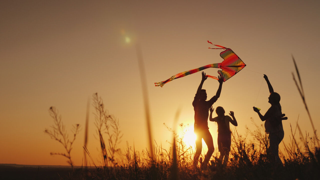 people with a kite at sunset